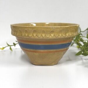 Small Vintage McCoy pottery bowl:  3.25 x 5.5" yellowware blue pink stripe bowl